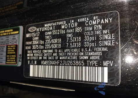 2018 Hyundai Santa Fe Se from USA, damaged, VIN KM8SN4HF2JU263865